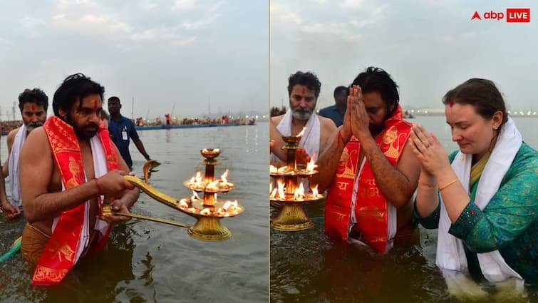 गले में जनेऊ और भगवा धोती पहन पवन कल्याण ने पत्नी एना संग त्रिवेणी संगम में लगाई आस्था की डुबकी, तस्वीरें वायरल