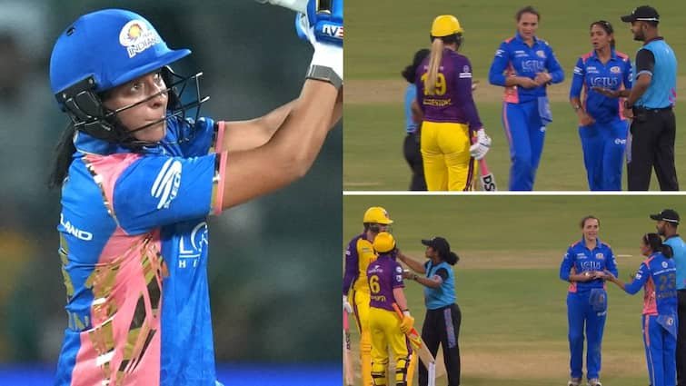 WPL 2025 Harmanpreet Kaur fight with sophie Ecclestone UP W vs MI W Lucknow