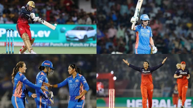 mi vs rcb full highlights wpl 2025 today match smriti mandhana sneh rana nat sciver brunt mumbai vs bengaluru highlights