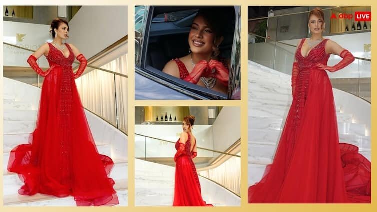 Cannes 2025 Bhojpuri actress Neha Malik debut poses in a red gown pics viral