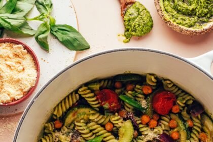 Zucchini Pesto Pasta with Tomatoes & Chickpeas